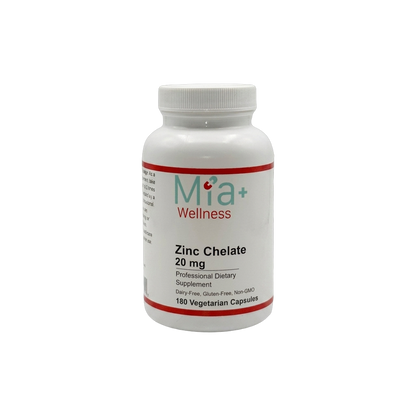 Zinc Chelate 20mg · Mia+Wellness (180 Vegetarian Capsules)